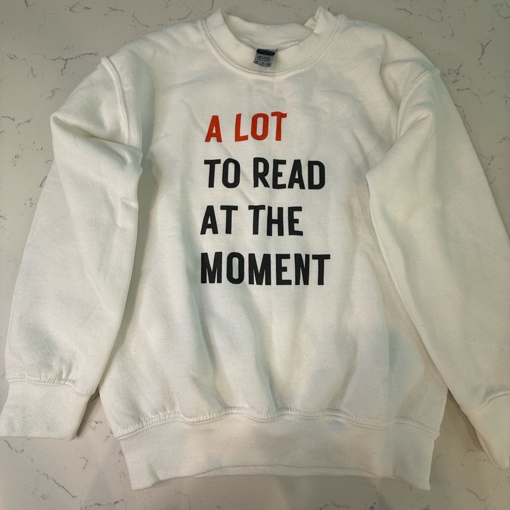 Gildan White Sweatshirt with Red and Black Text
